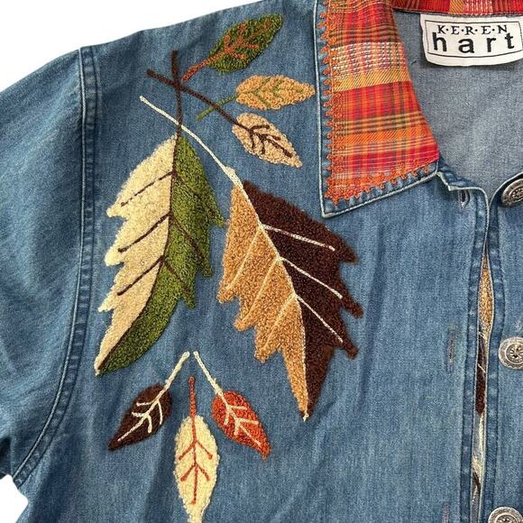 Vintage 90s Keren Hart Fall Autumn Leaf Embroidered Denim Button Down Orange M - Picture 5 of 10